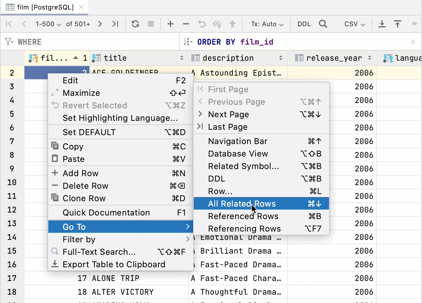 Navigate between related rows