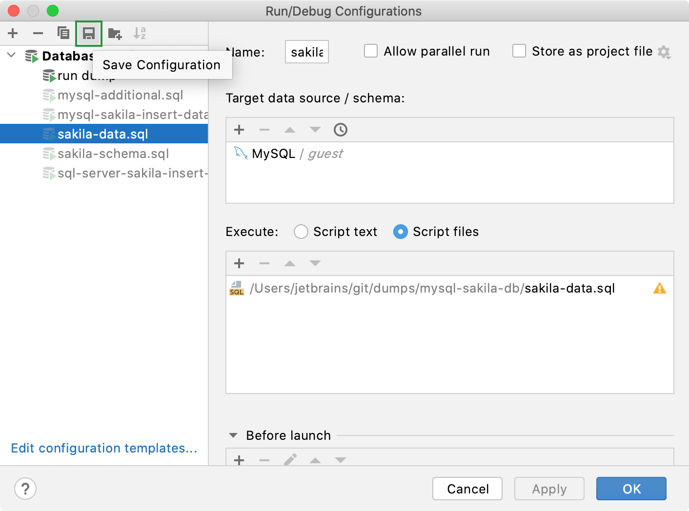 Save a temporary run configuration Save a temporary run configuration