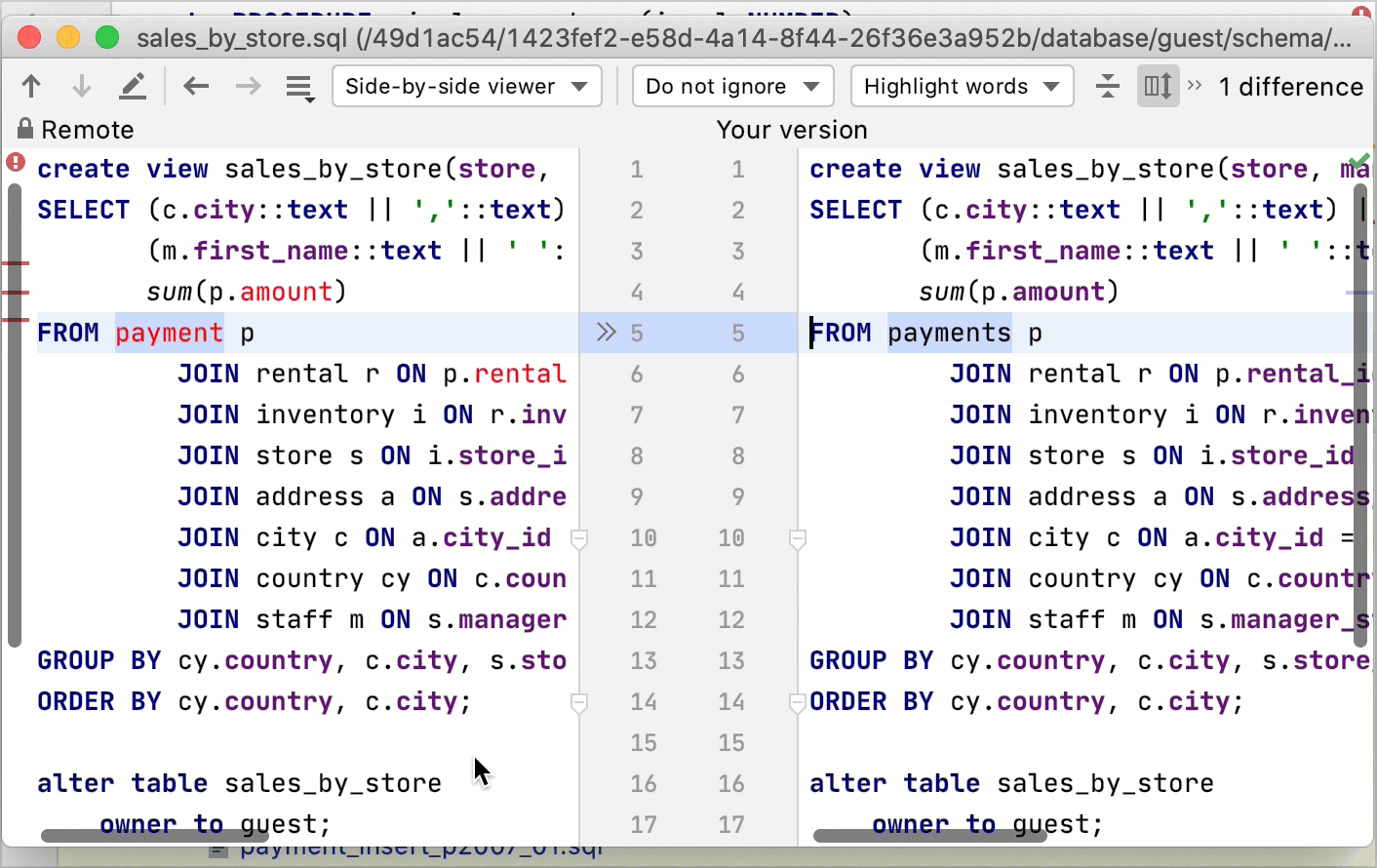 See the diff between modified and stored versions