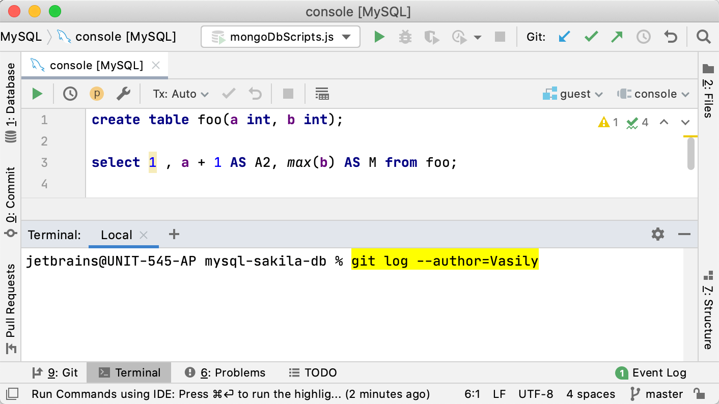 Smart command execution highlighting for git log in the terminal