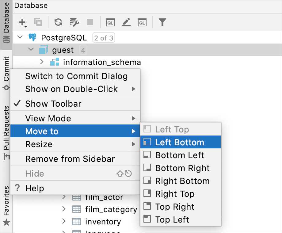 Tool window options menu: Move to Tool window options menu: Move to
