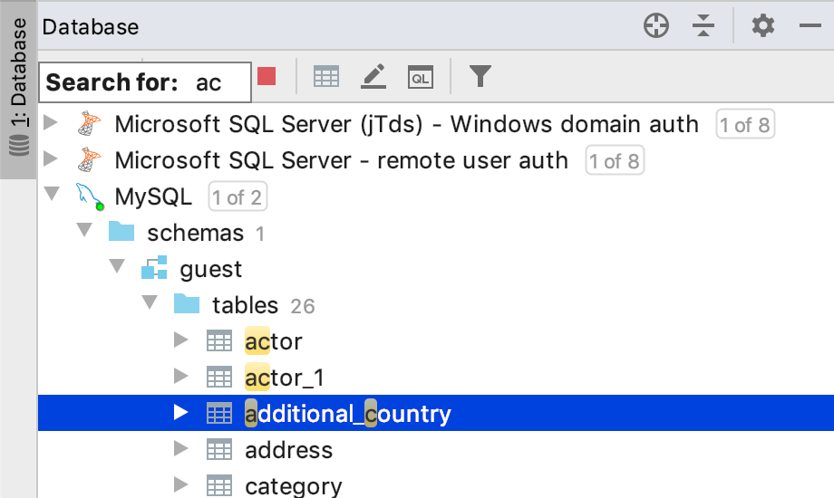 Speed search in a tool window Speed search in a tool window