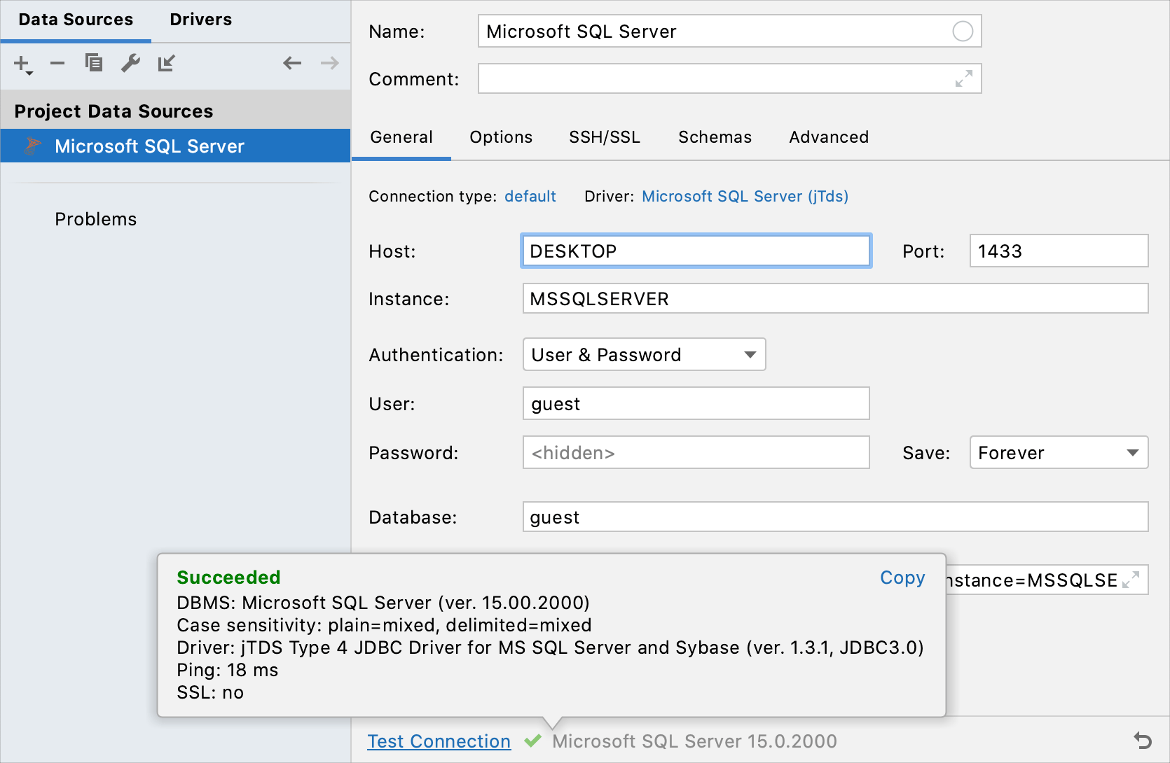 datagrip connect to sql server aws