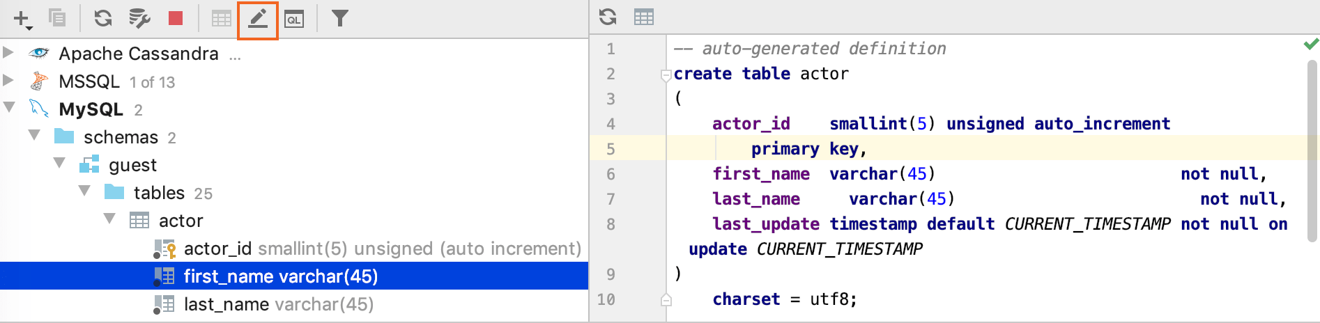 Edit the DDL definition of a database object