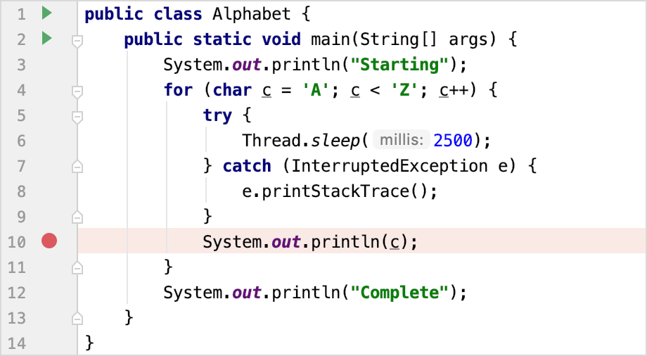 Setting a line breakpoint at line 10