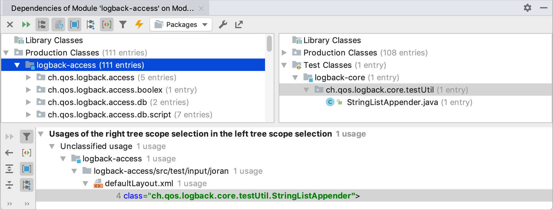 Results of the dependencies analysis in the Dependency Viewer tool window