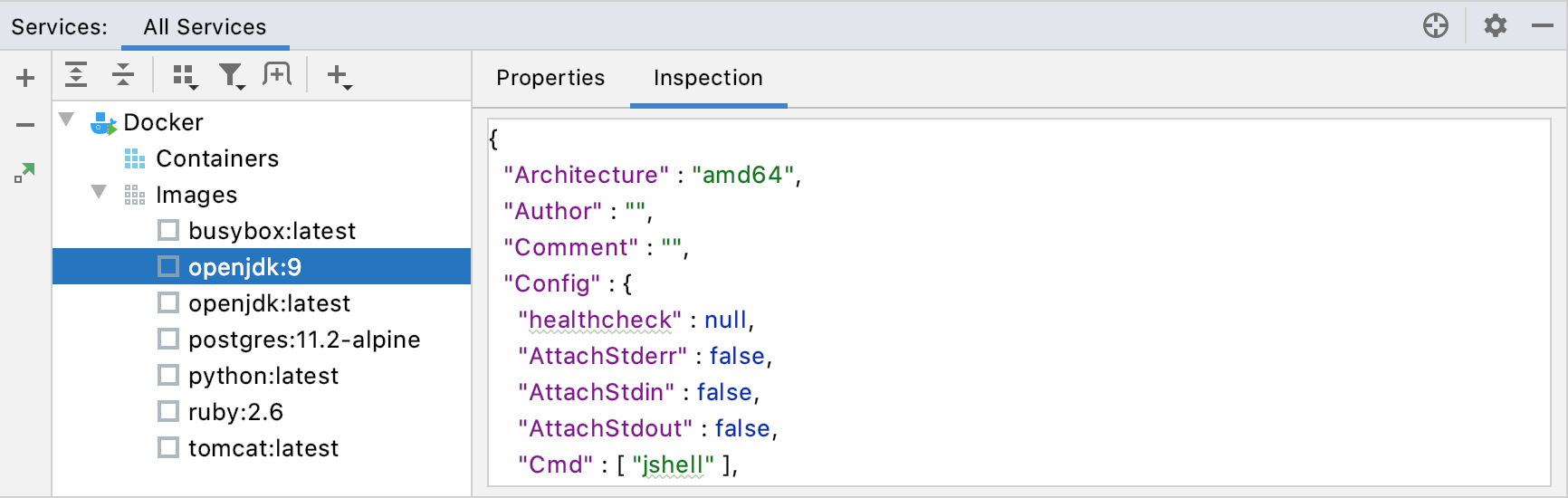 Docker image Inspection tab