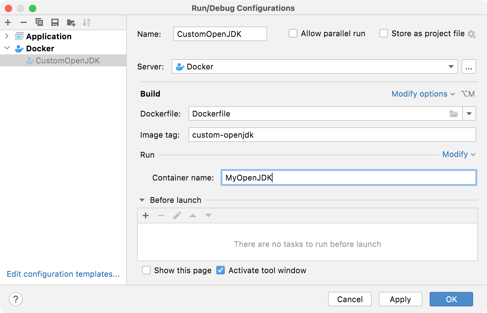 Dockerfile run configuration dialog