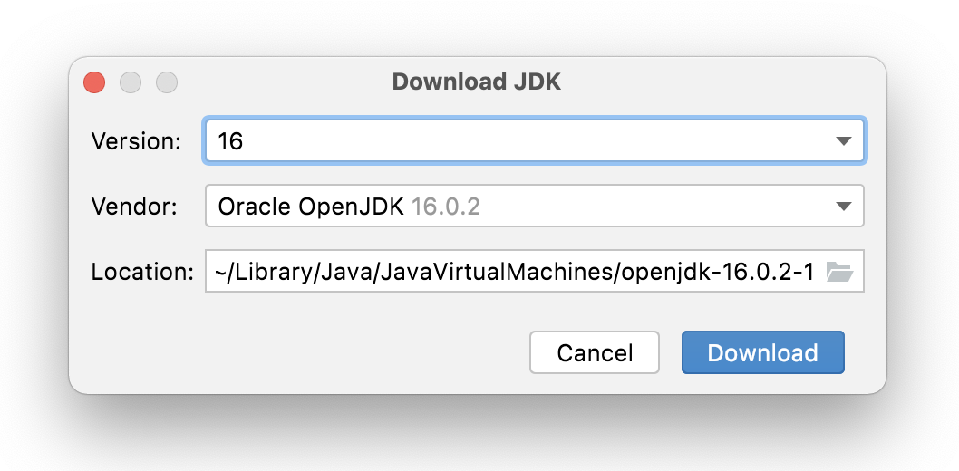Downloading a JDK when creating a project