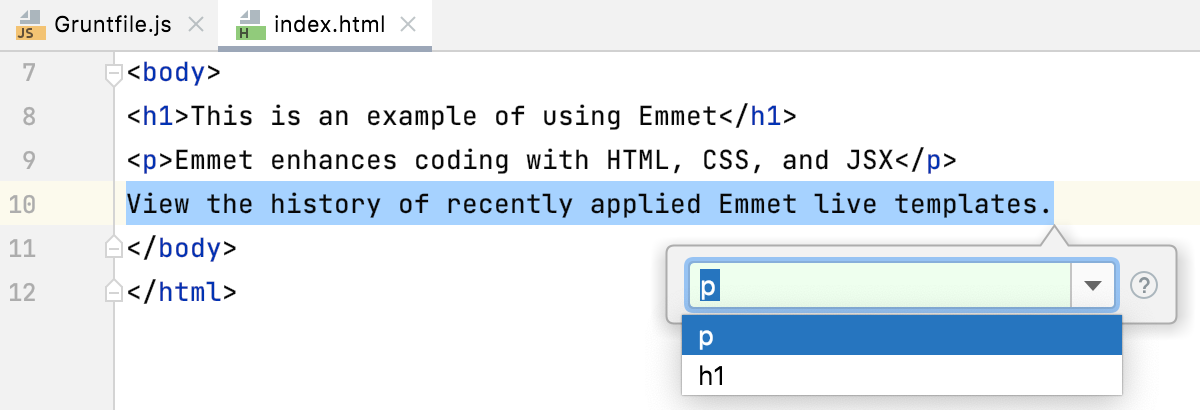 History of recently applied Emmet live templates