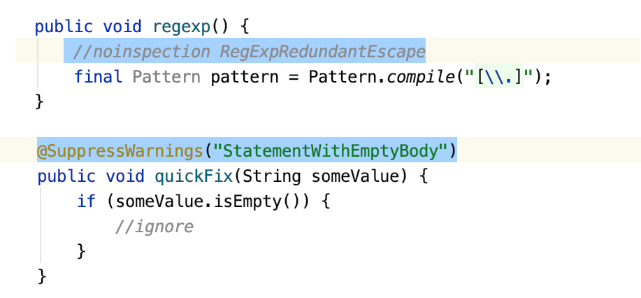 A comment and annotation that indicate suppressed inspections in Java code