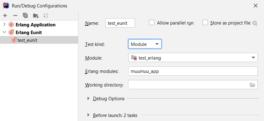 Erlang Eunit run config