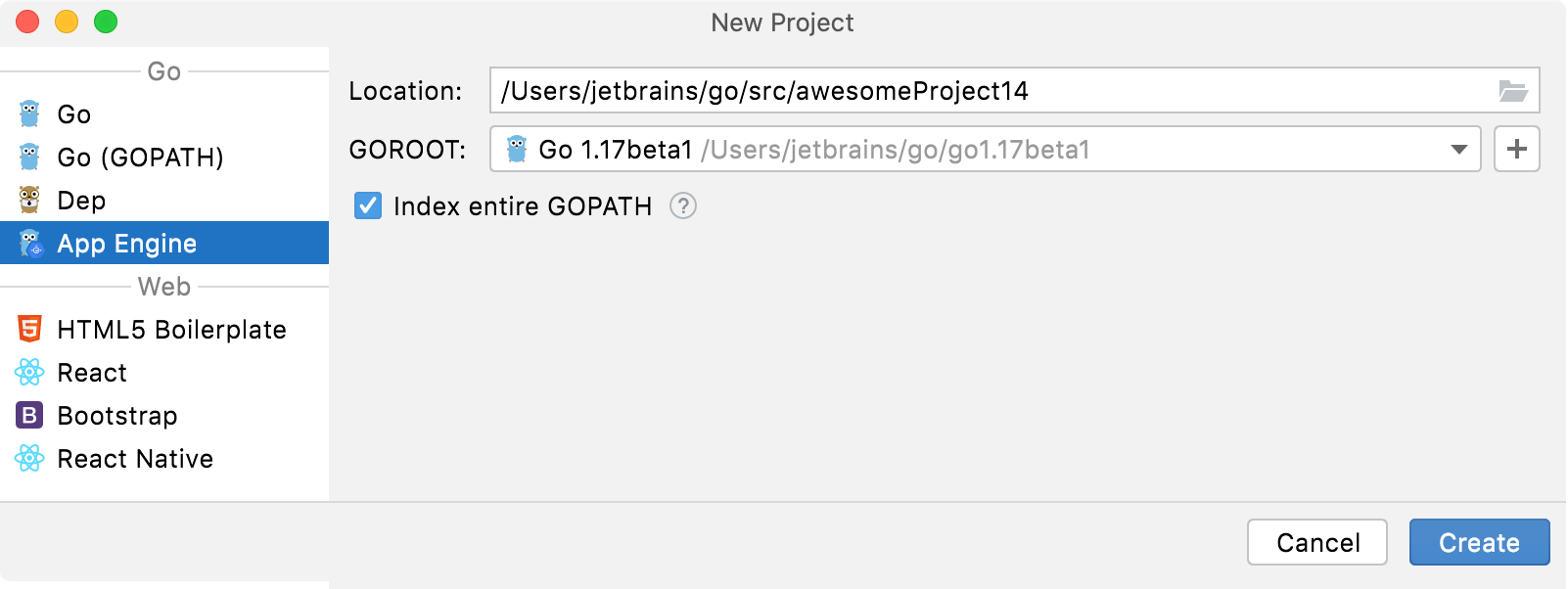 Create a project with App Engine integration