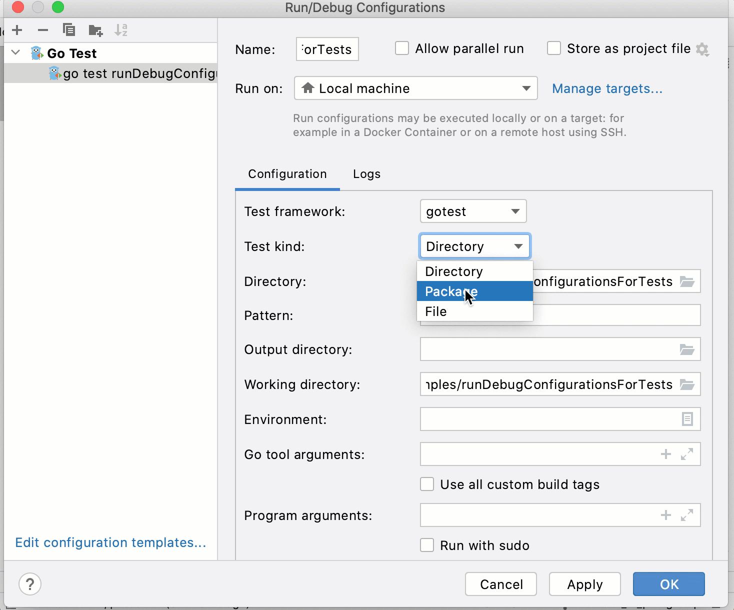 Test configuration for a directory