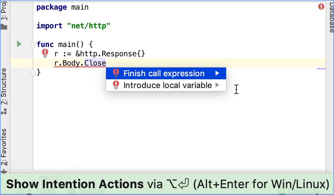 Using the Finish call expression quick fix Using the Finish call expression quick fix