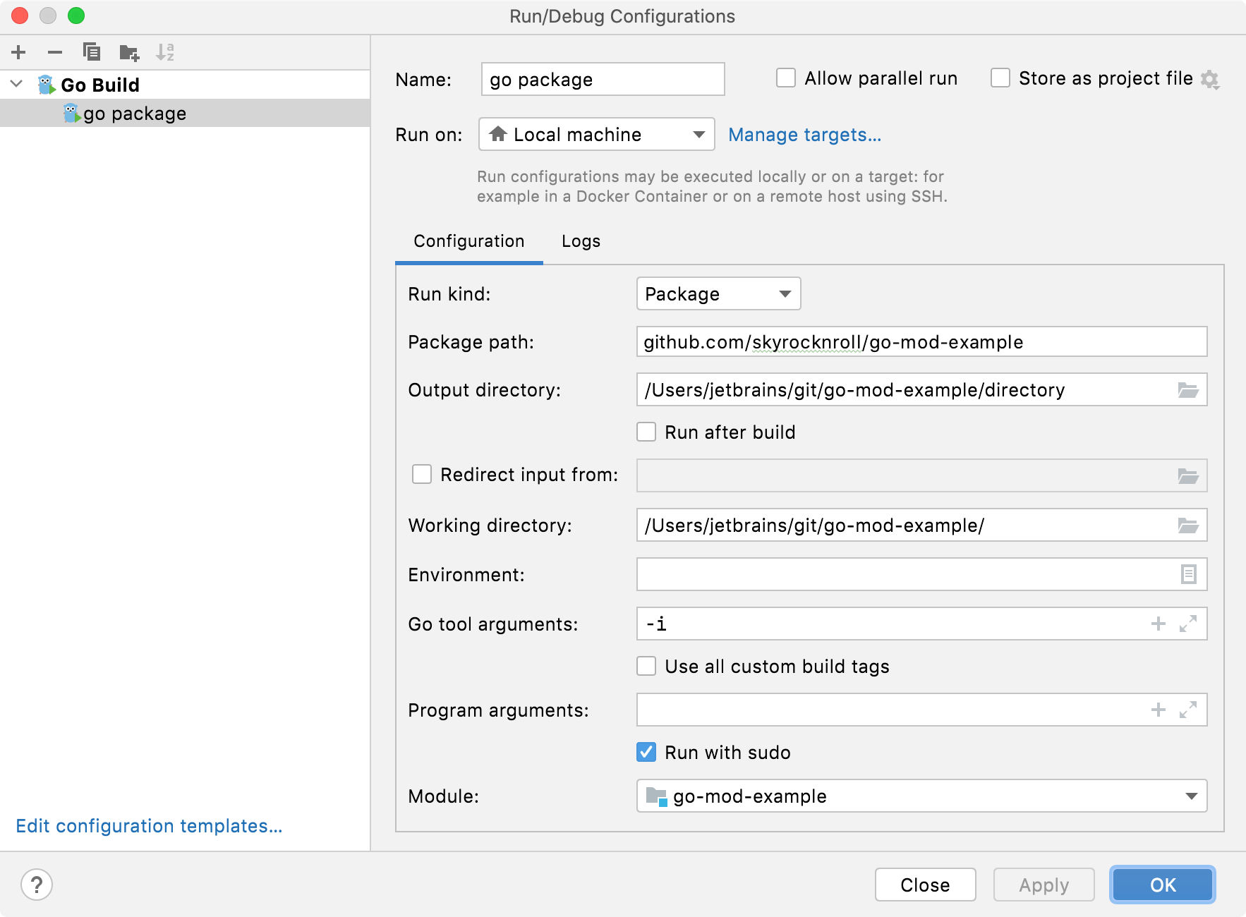 Run/Debug Configuration for Go Build Run/Debug Configuration for Go Build