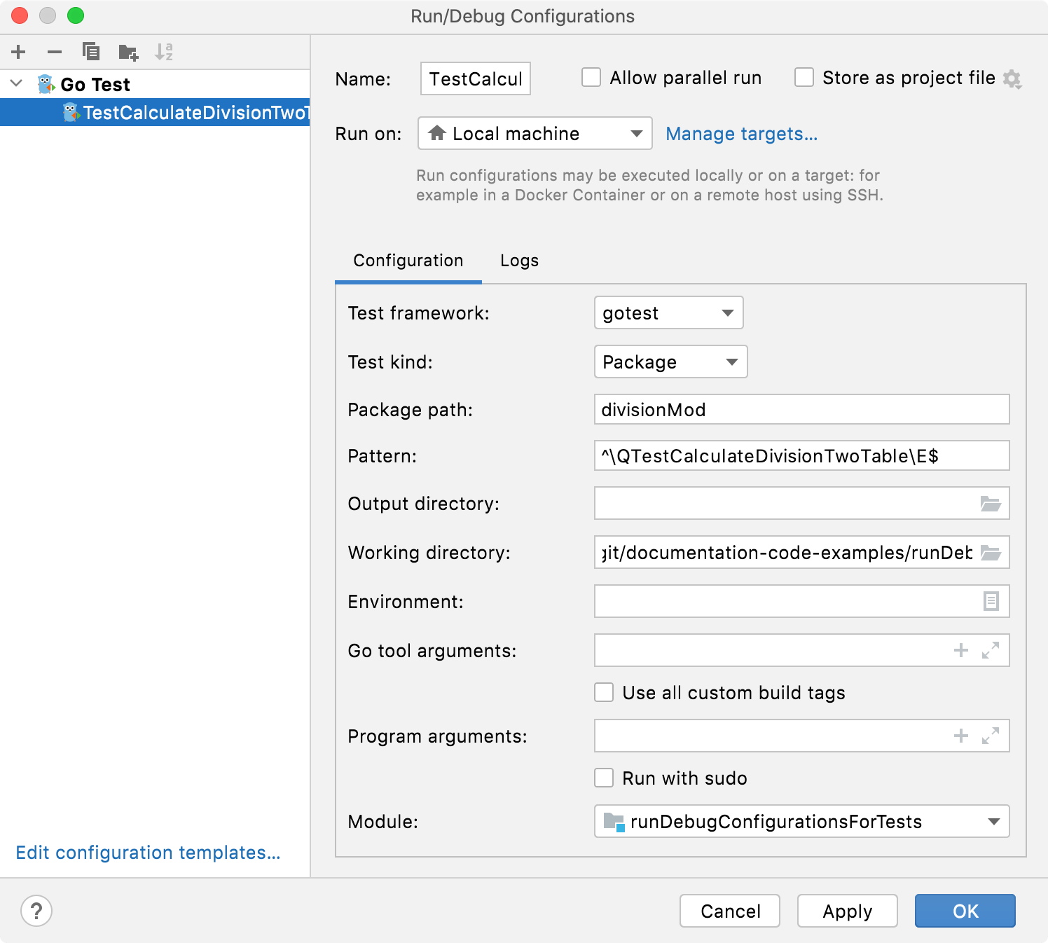 Run/Debug Configuration for Go Test Run/Debug Configuration for Go Test