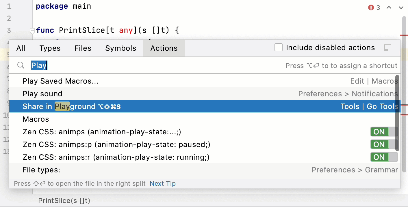 Run the code in go2go playground