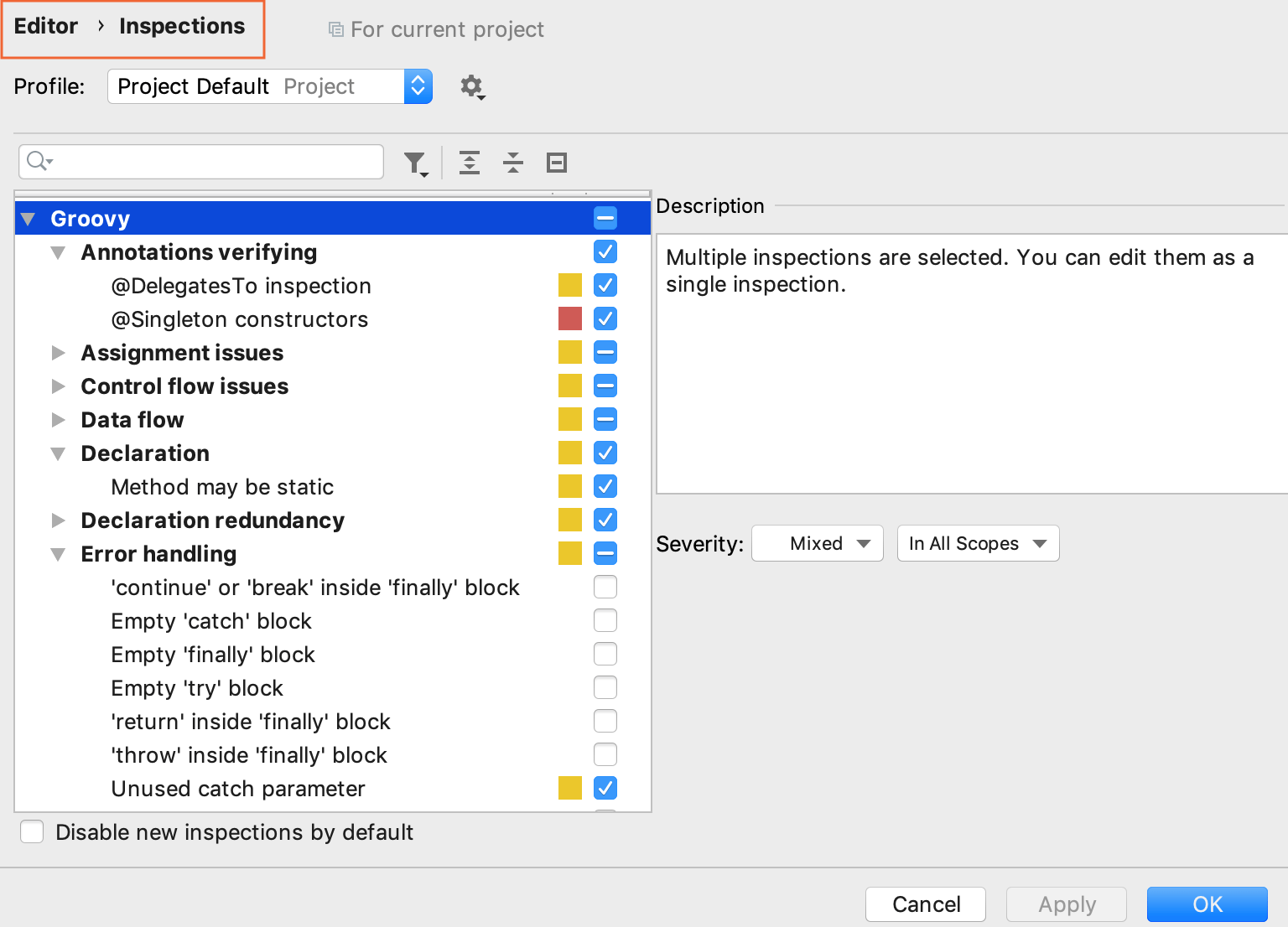 Groovy inspections settings