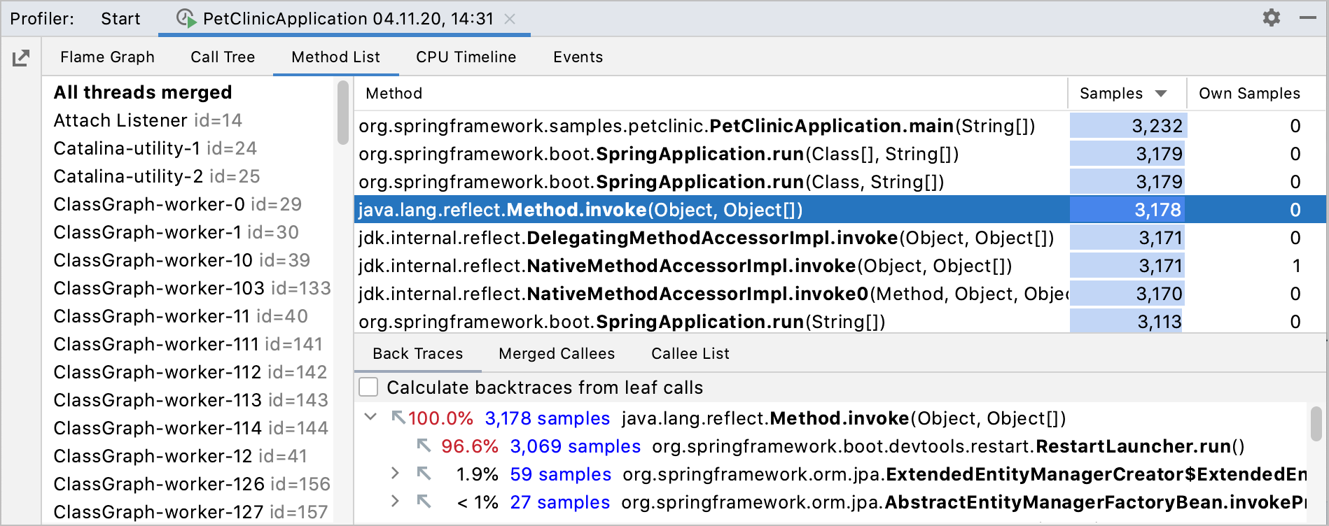 method list tab in the profiler results