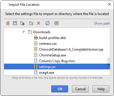 Import settings location