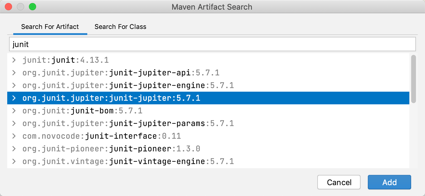 Maven Artifact Search dialog