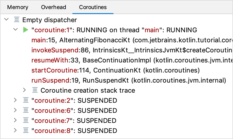 Kotlin debug coroutines list