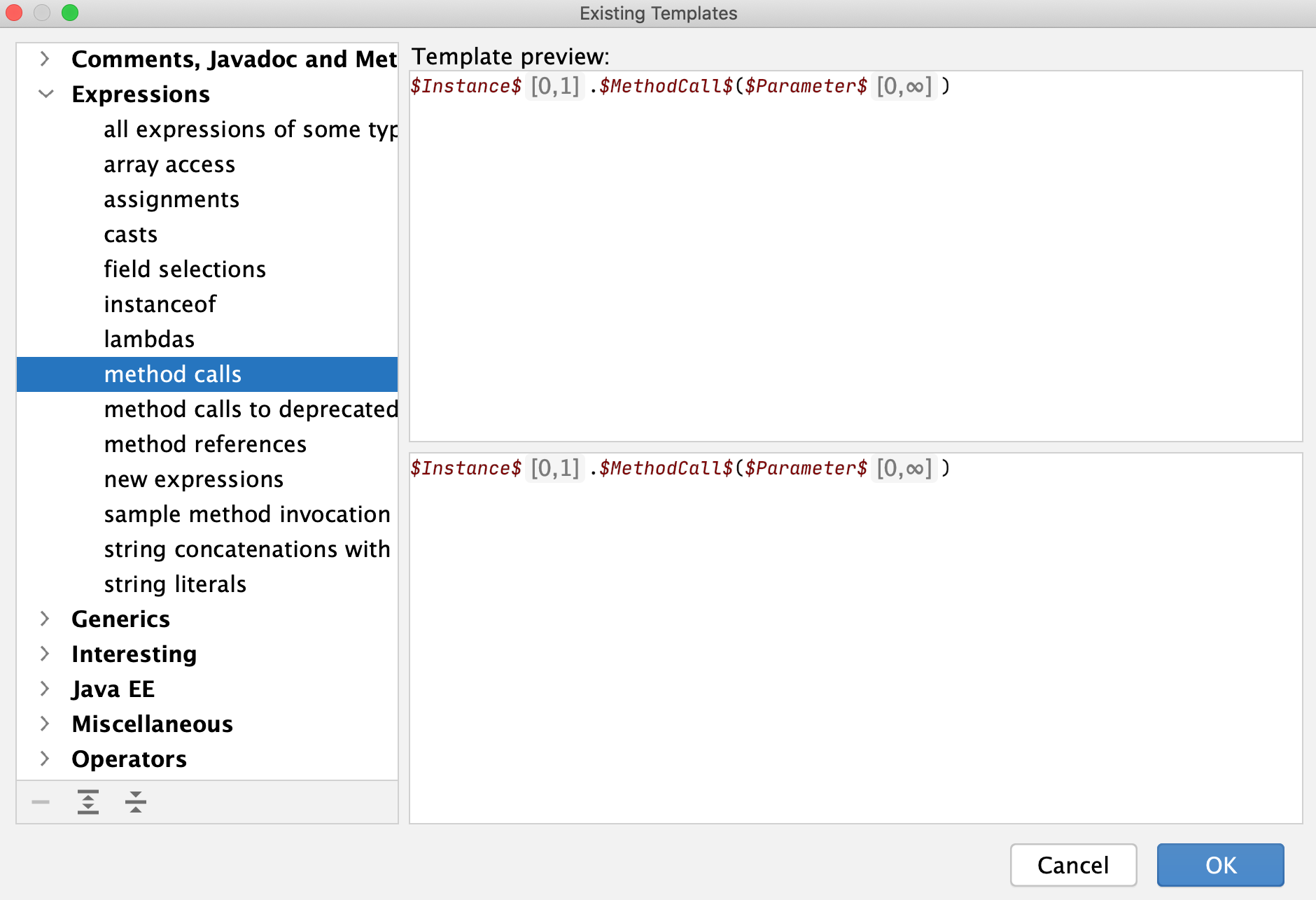 Existing Templates dialog: method calls