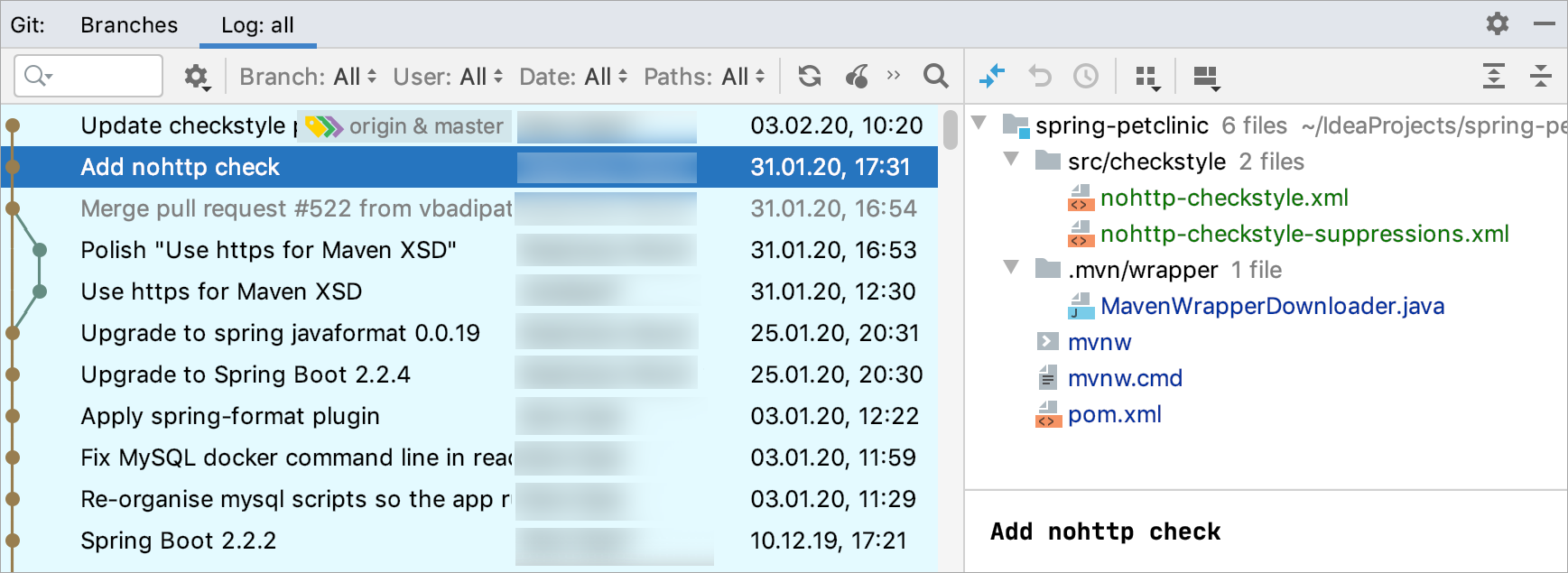 The Log tab of the Git tool window