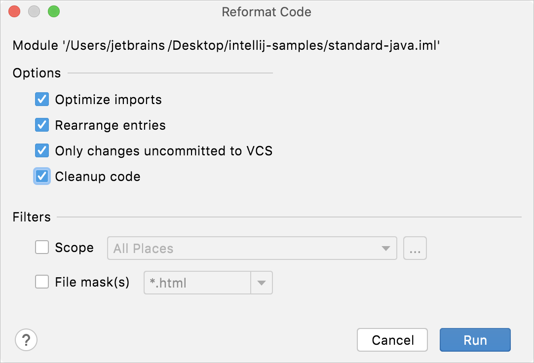 Module or directory reformat dialog