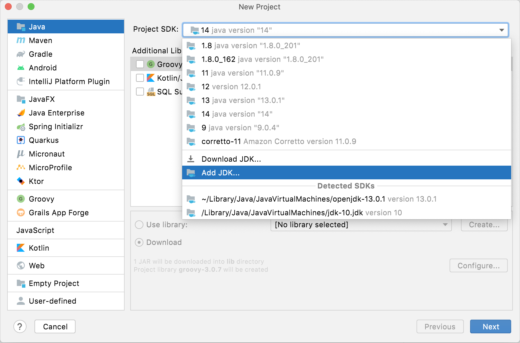 Configuring an SDK for the new project