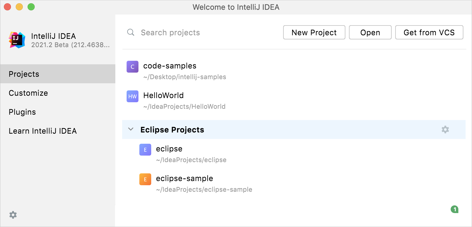 Opening an Eclipse project from the Welcome screen
