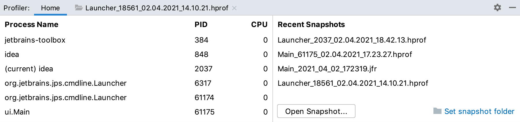 Profiler tool window