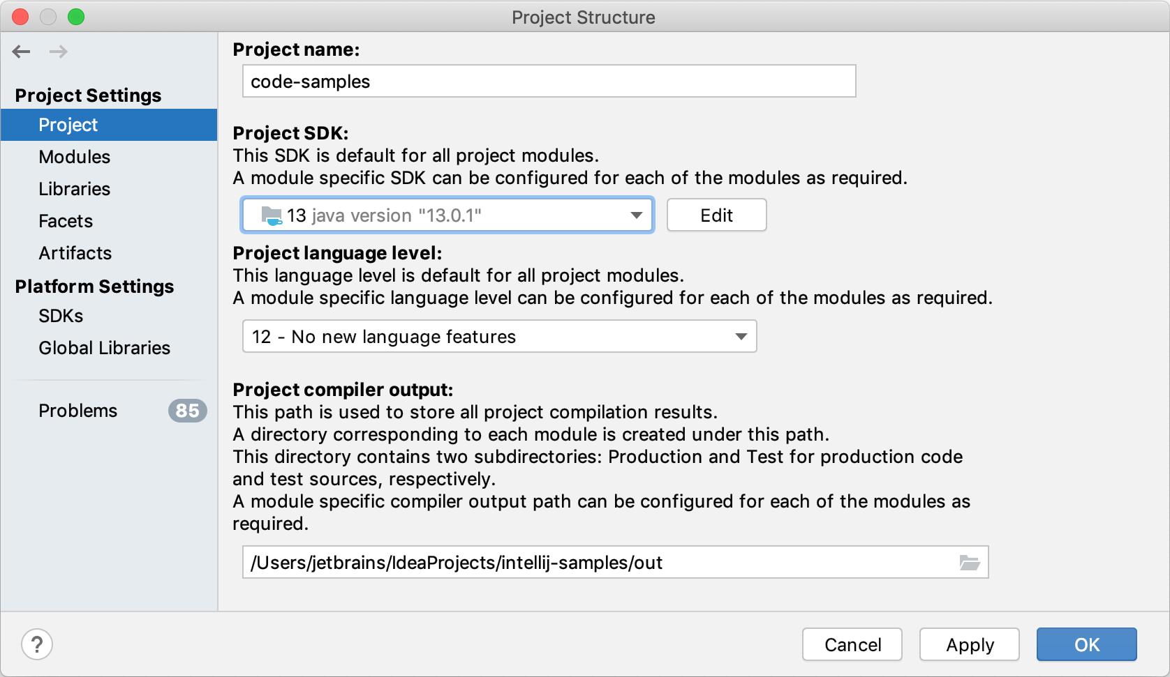 Project page of the Project Structure dialog