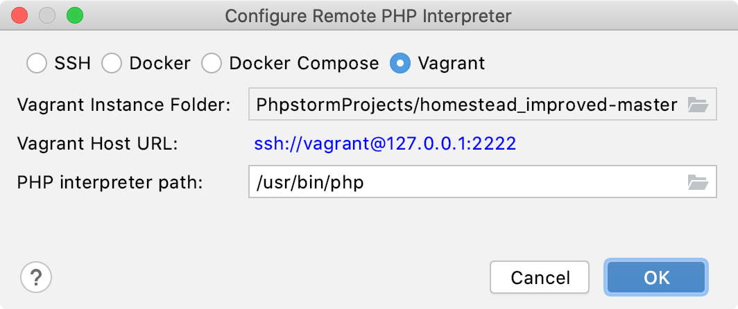 Remote interpreter via Vagrant dialog