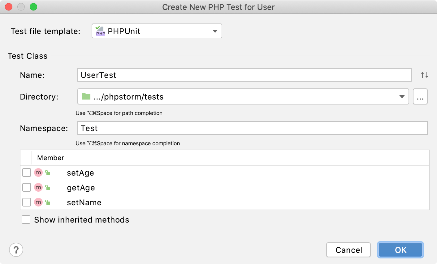 the Create new phpunit test dialog