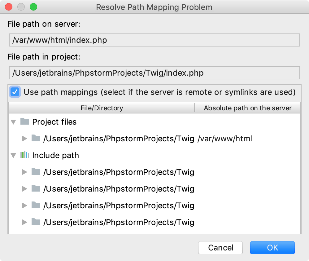 デプロイ構成からのインポートダイアログ Phpstorm