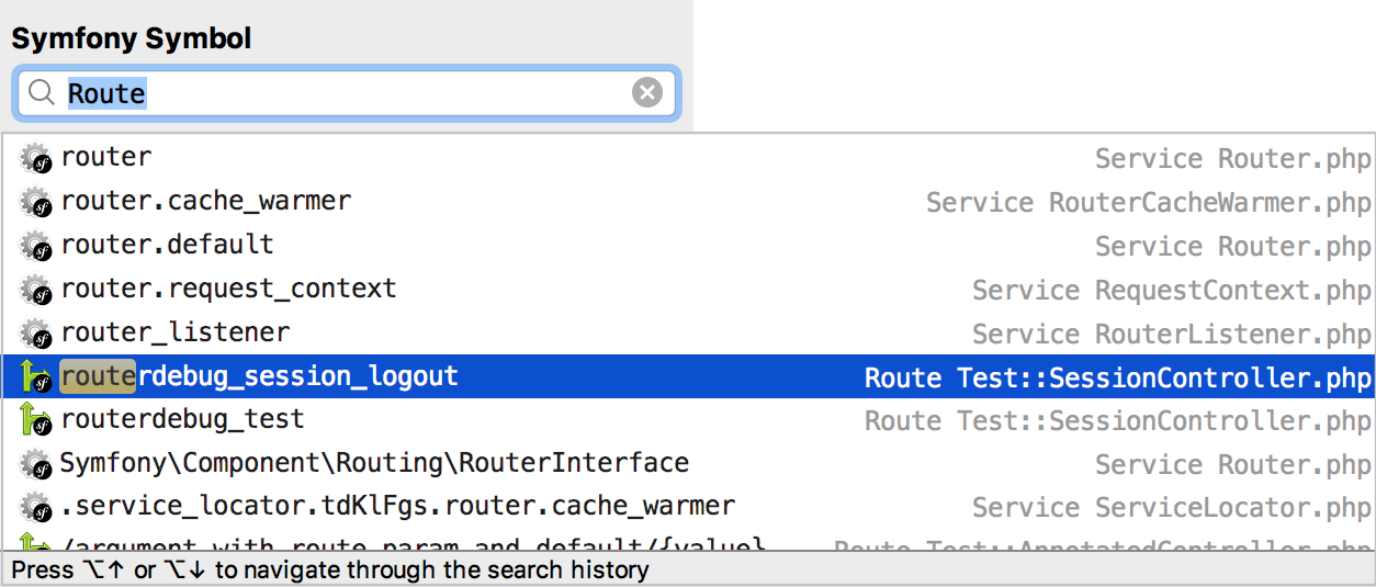 Navigate to Symfony symbol