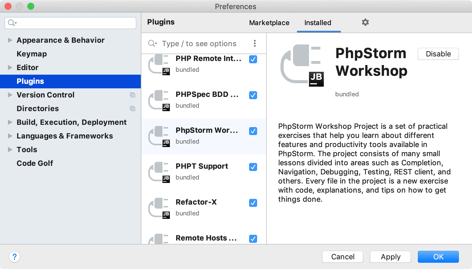 The Plugins settings dialog