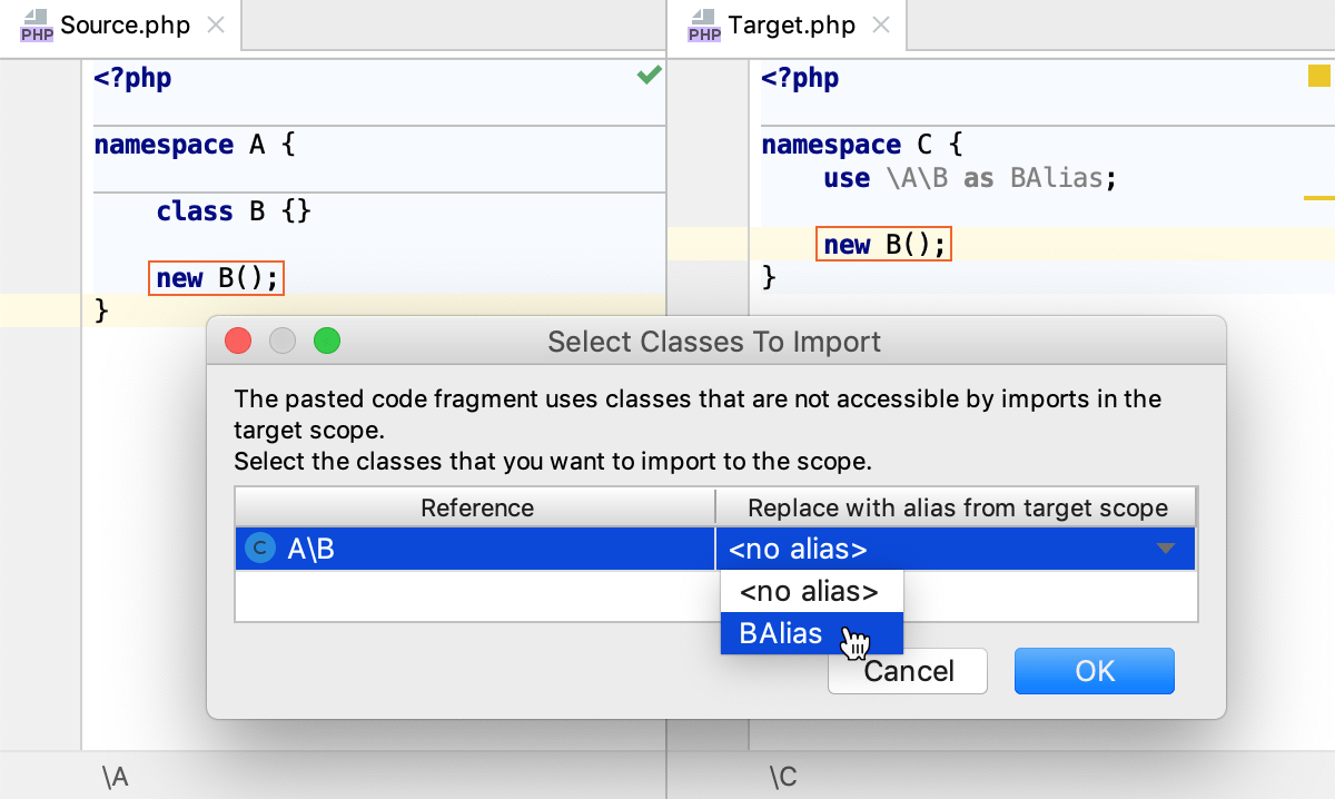 the Select Classes To Import dialog: reuse existing alias