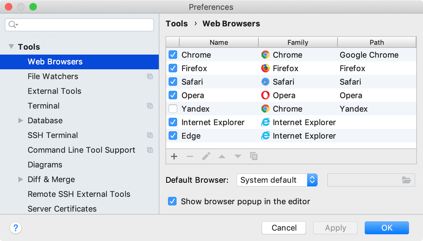 The Web Browsers page in Preferences