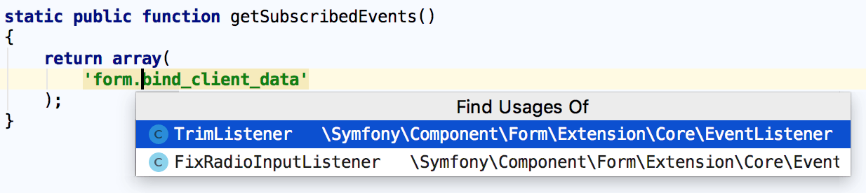 Navigating to Symfony event declaration