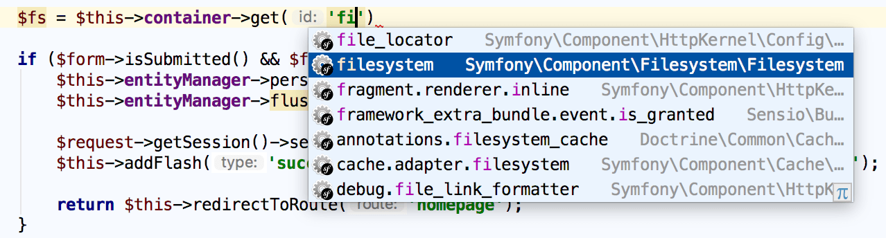 Symfony service name completion