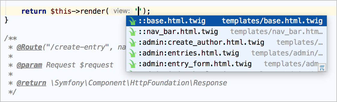 Symfony template name completion