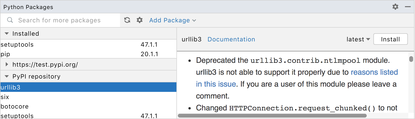 Python Package tool window