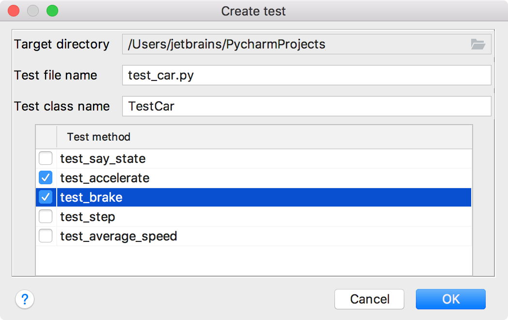 Create test dialog