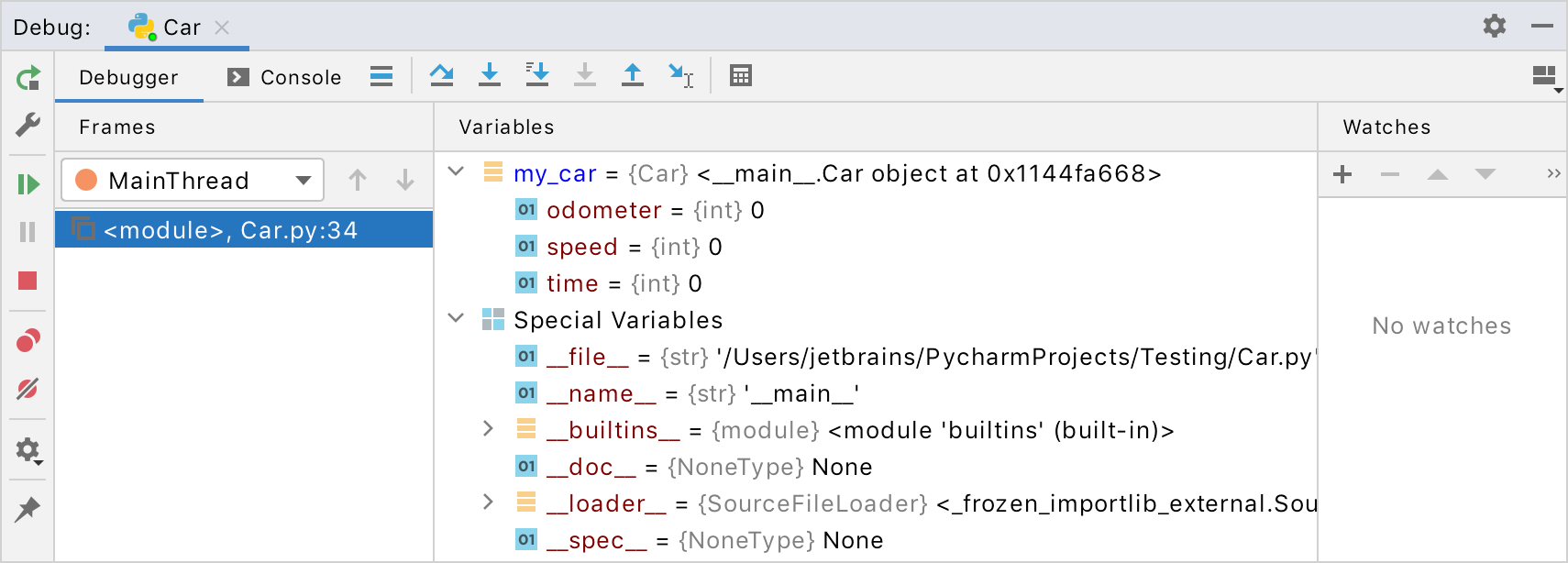 The Variables tab shows you the variables visible from the current execution point