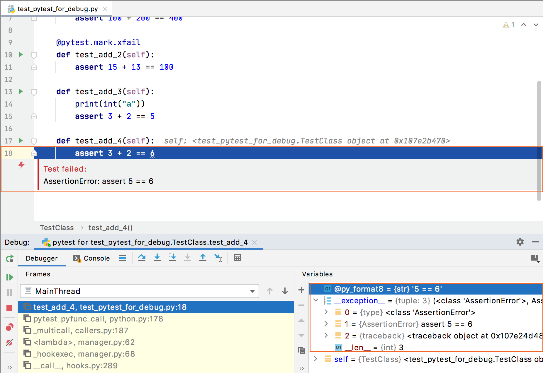 Exception breakpoint is added when debugging a failed test