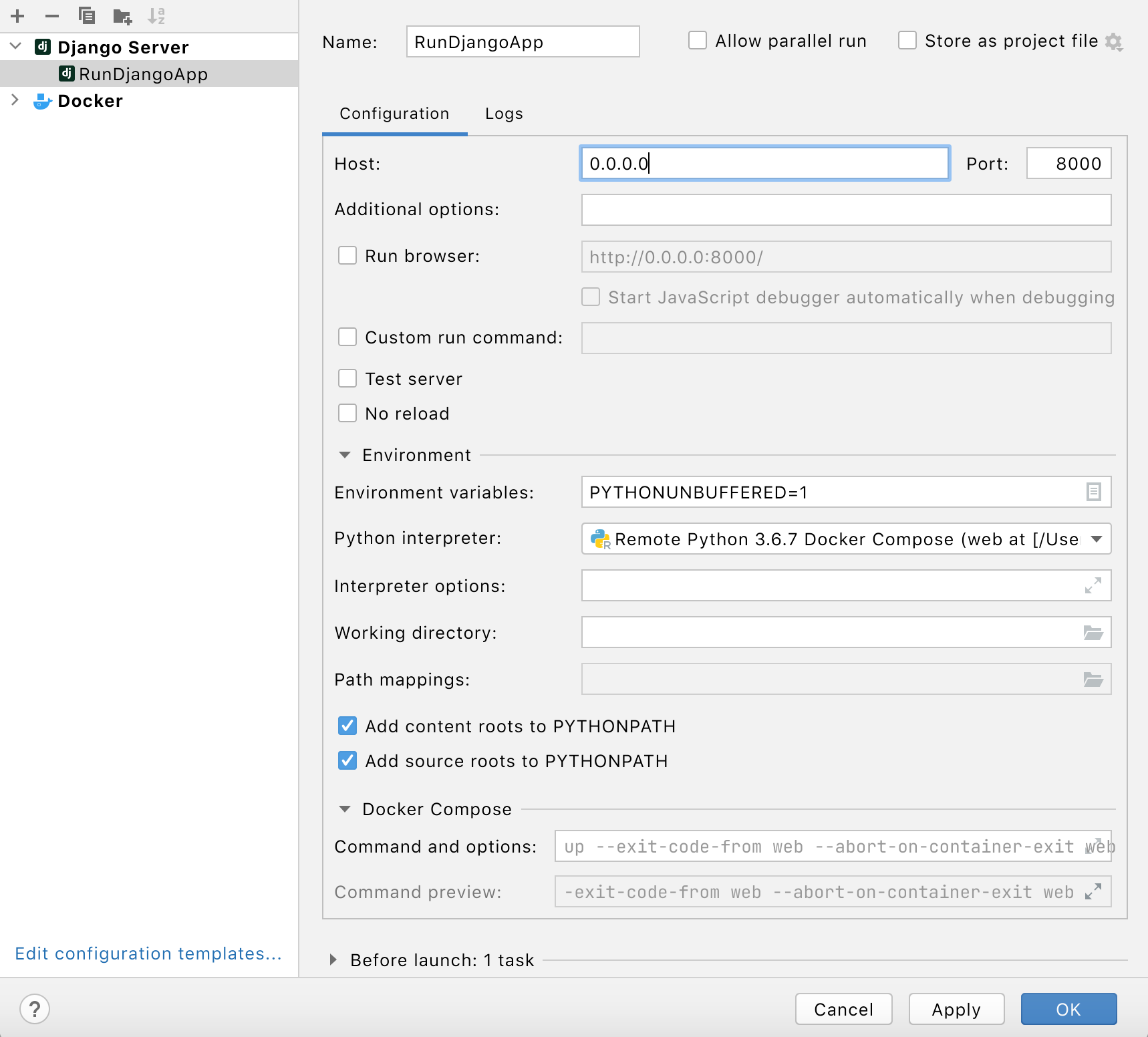 File configuration source. Run configuration PYCHARM Django. Jetbrains Fleet stop docker compose.