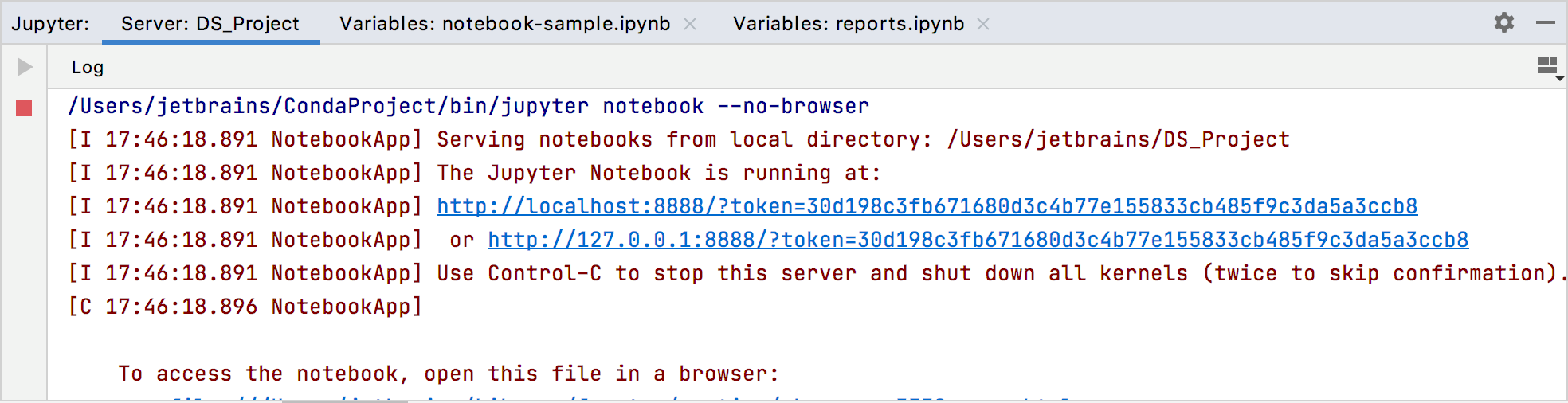 Jupyter server tool window: the Server log tab Jupyter server tool window: the Server log tab